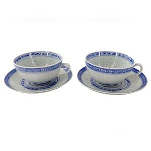 Lot of  3 sets - Vintage Jingdezhen Chinese Blue White Rice Eye - Tea Cup Floral